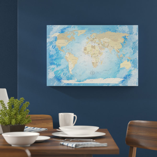 Küstenhaus Leinwandbild World Map Frozen - Deutsch, Grafikdruck in Blau